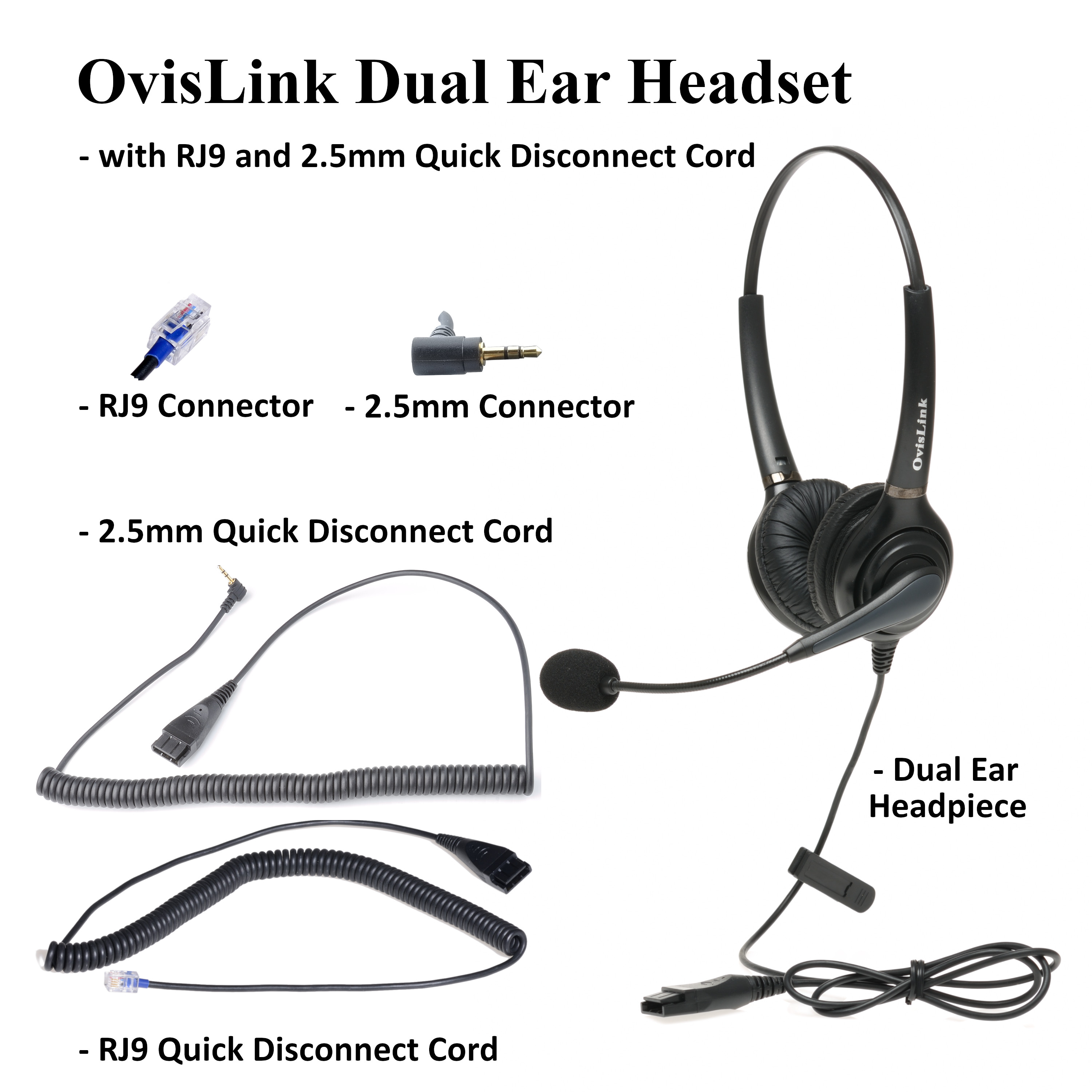 OvisLink Dual Ear Headset with RJ9 and 2.5mm Quick Disconnect Cords